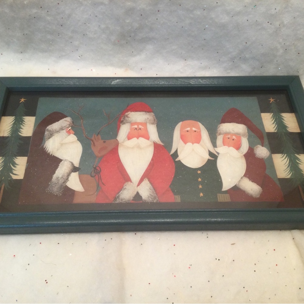 Fiddlestix Santa Claus Reindeer Framed Folk Art Picture 17"x9” Christmas Holiday